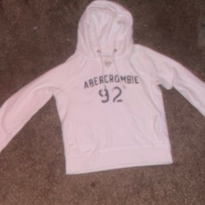 White Abercrombie and fitch sweatshirt with blue lettering.